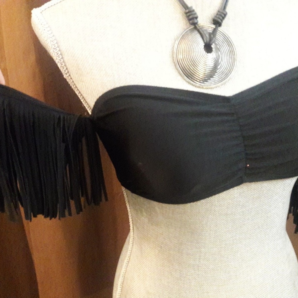 GB Bini Fringe Arm Cuffs Bandeau Bathing Suit Bra Top Black HOT $40 NEW S M Sexy - Picture 2 of 6